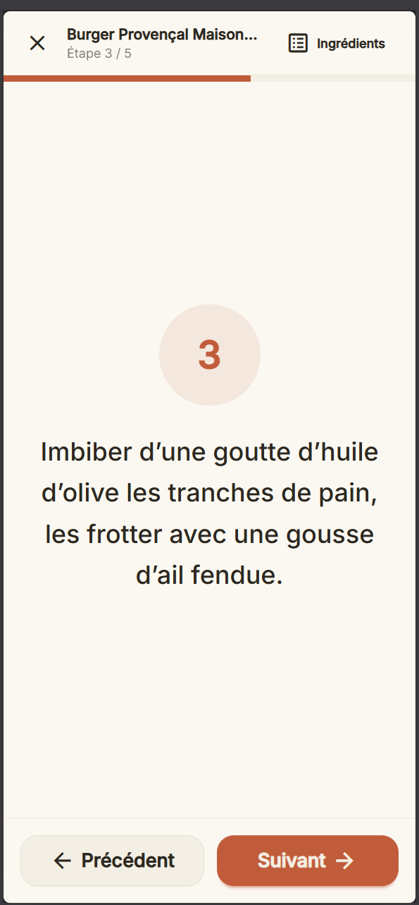 Mode cuisine plein écran, étape par étape