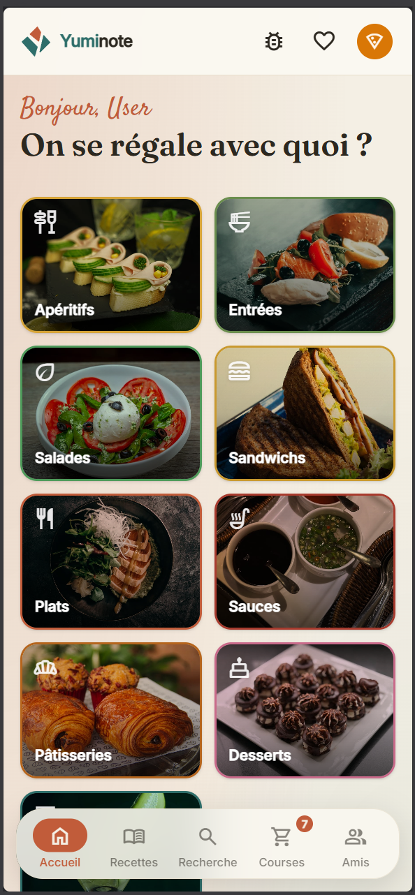 Écran d'accueil de Yuminote sur mobile