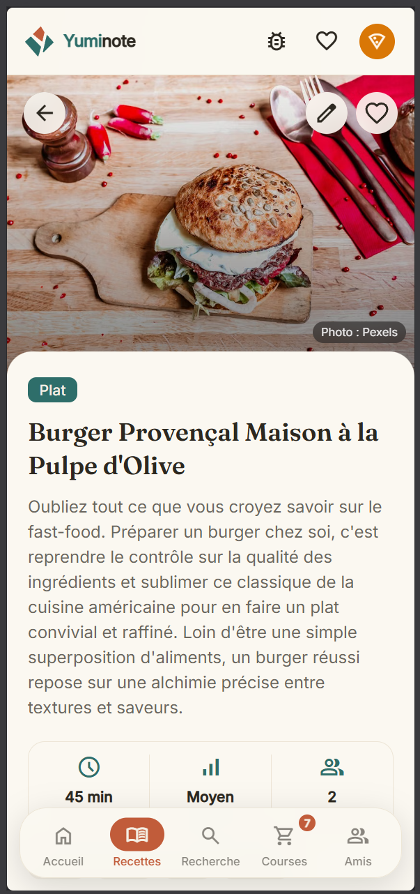 Fiche d'une recette dans Yuminote